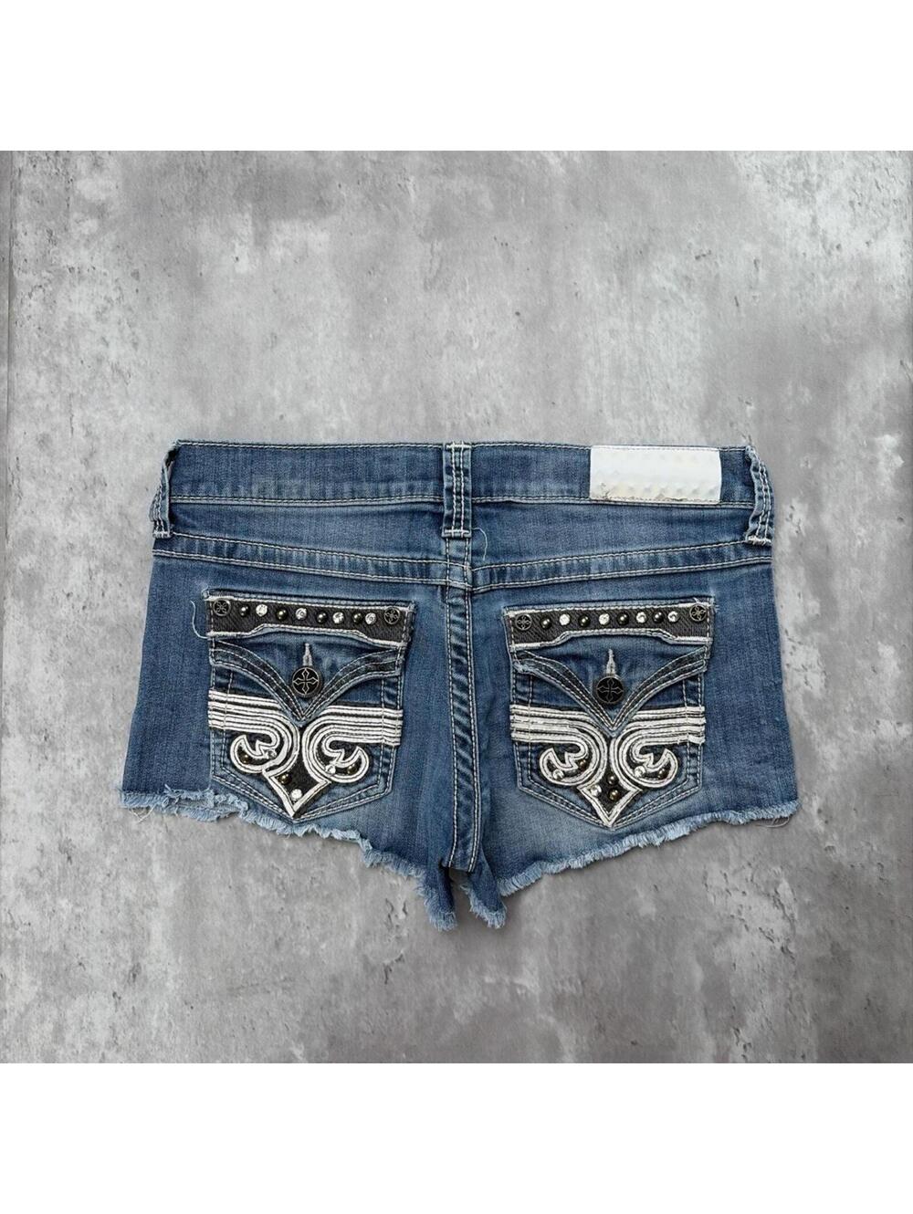 Y2K Blue Affliction Grunge Vikki Gothic Mini Denim Shorts